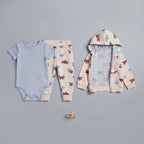 Conjunto EmpiBy de 3 piezas para bebé: body azul a rayas, chaqueta con capucha y pantalón con estampado de aviones.