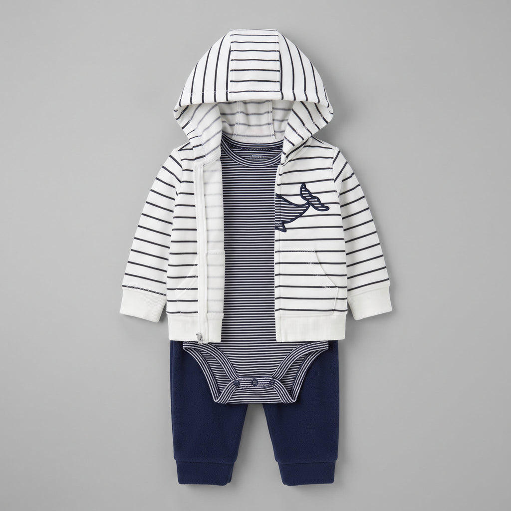 Conjunto de 3 piezas EmpiBy para bebé niño con chaqueta a rayas, body y pantalón azul marino con diseño de ballena.
