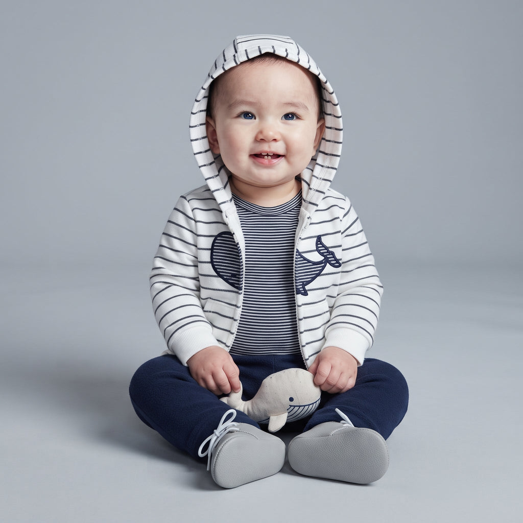 Bebé sonriente con conjunto EmpiBy de 3 piezas: chaqueta a rayas con ballena, body y pantalón azul marino.