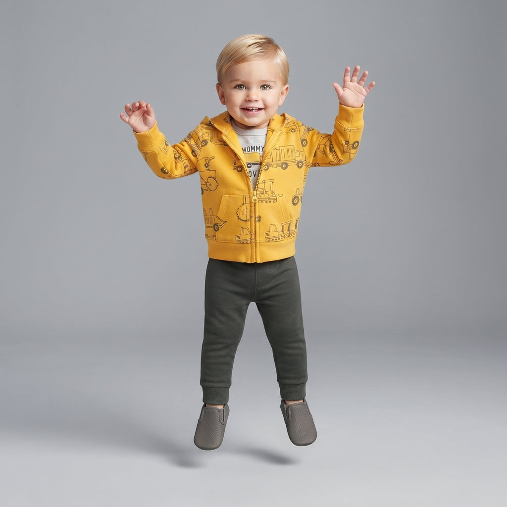 Niño pequeño saltando feliz con conjunto EmpiBy de chaqueta amarilla estampada, body gris y pantalón oscuro.