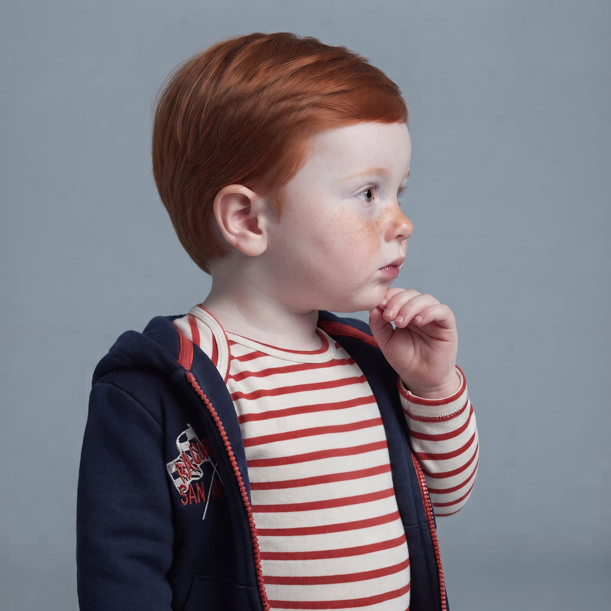 Niño pelirrojo con conjunto EmpiBy de chaqueta azul con capucha, body de rayas rojas y blancas y pantalón negro.
