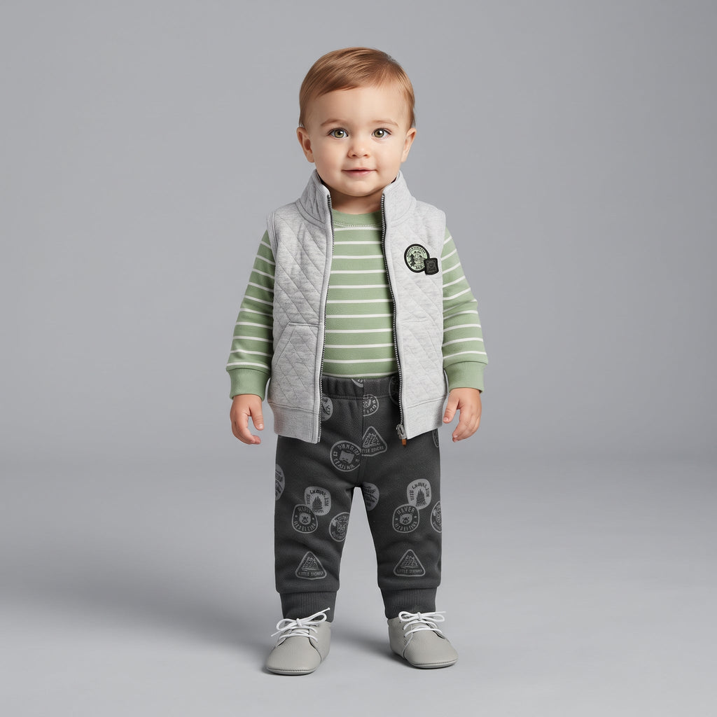 Conjunto de 3 piezas EmpiBy para bebé niño con chaleco acolchado gris, body a rayas verde y pantalón estampado.