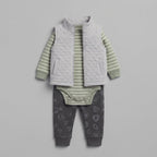 Conjunto de 3 piezas EmpiBy para bebé niño con chaleco gris acolchado, body a rayas verde y pantalón estampado