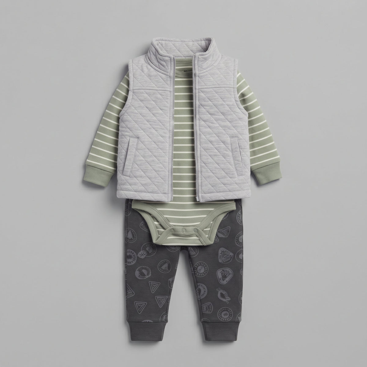Conjunto de 3 piezas EmpiBy para bebé niño con chaleco gris acolchado, body a rayas verde y pantalón estampado