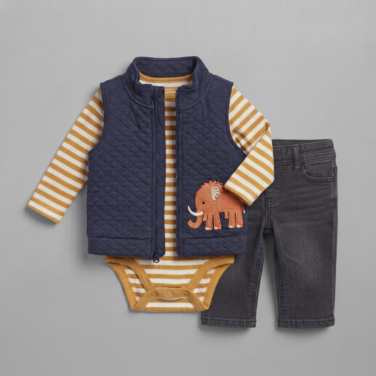 Conjunto de 3 piezas EmpiBy para bebé niño con chaleco azul marino, body de rayas y pantalón gris oscuro