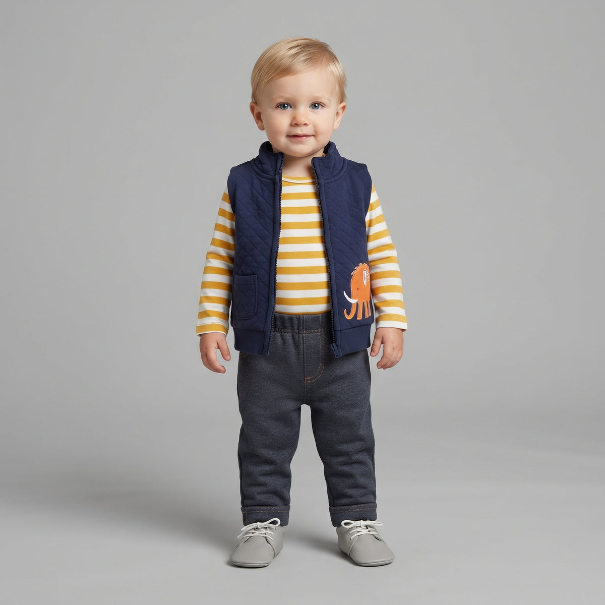 Niño pequeño vistiendo conjunto EmpiBy de 3 piezas: chaleco azul marino con mamut, body a rayas y pantalón gris.