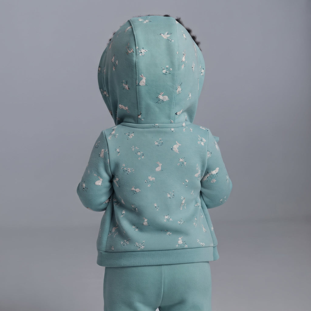 Conjunto de 3 piezas EmpiBy para bebé con chaqueta menta de capucha y estampado floral de animalitos vista trasera