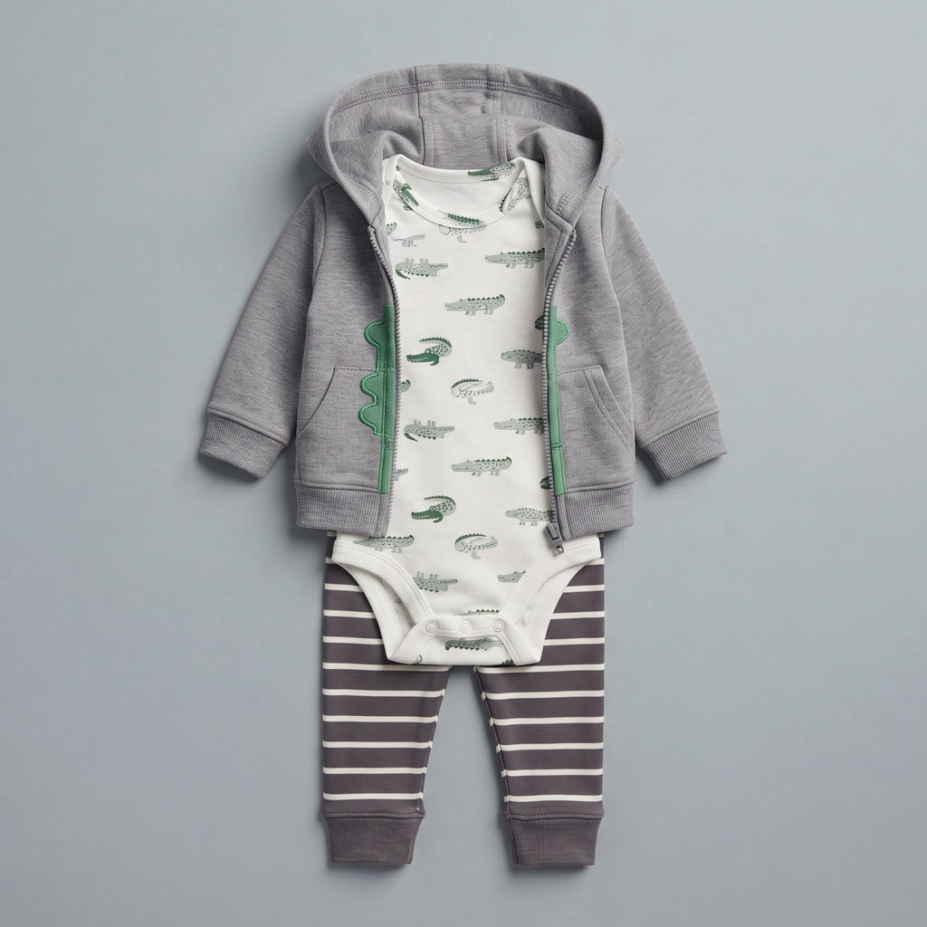 Conjunto EmpiBy de 3 piezas para bebé con hoodie gris, body estampado de cocodrilos y pantalón a rayas