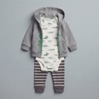 Conjunto EmpiBy de 3 piezas para bebé con hoodie gris, body estampado de cocodrilos y pantalón a rayas
