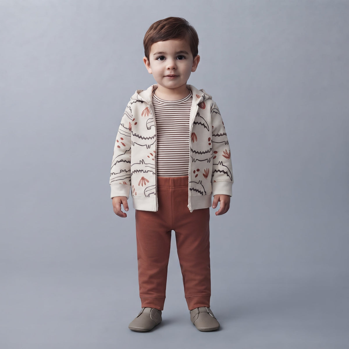 Niño pequeño vistiendo conjunto EmpiBy de 3 piezas: chaqueta con estampado de cocodrilos, body a rayas y pantalón café