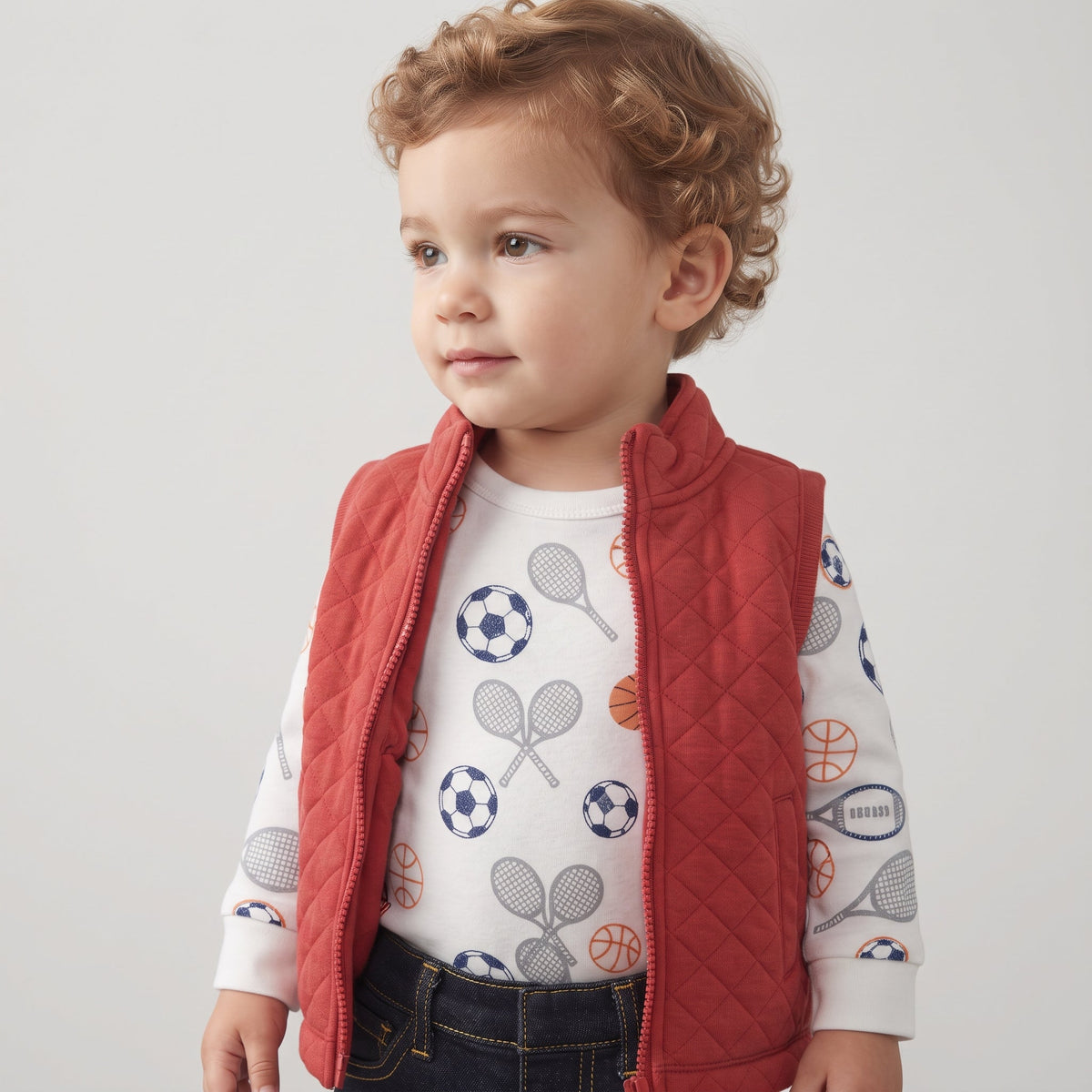 Bebé con conjunto EmpiBy de 3 piezas: chaleco acolchado rojo, body estampado de deportes y pantalón de mezclilla.