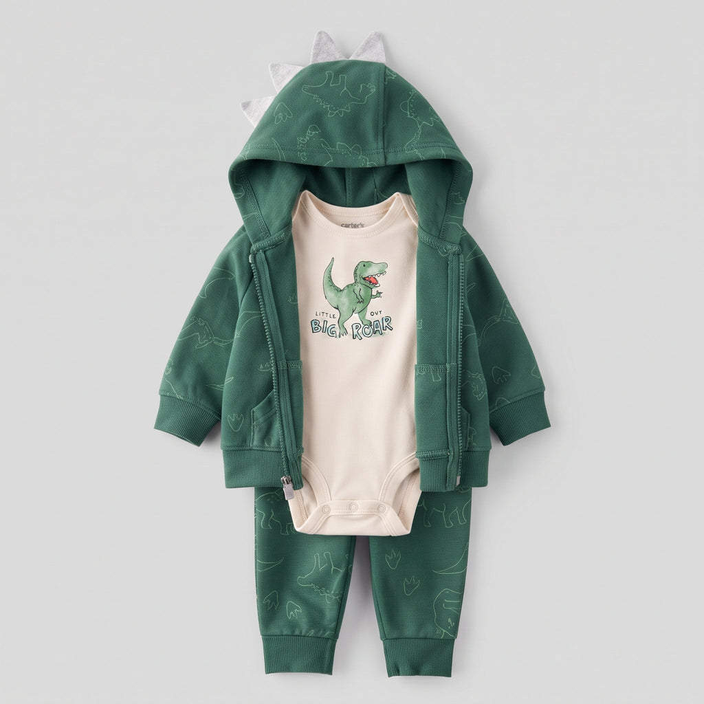 Conjunto EmpiBy de 3 piezas para bebé: chaqueta verde con cresta, body beige con T-Rex y pantalón estampado a juego.
