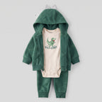 Conjunto EmpiBy de 3 piezas para bebé: chaqueta verde con cresta, body beige con T-Rex y pantalón estampado a juego.
