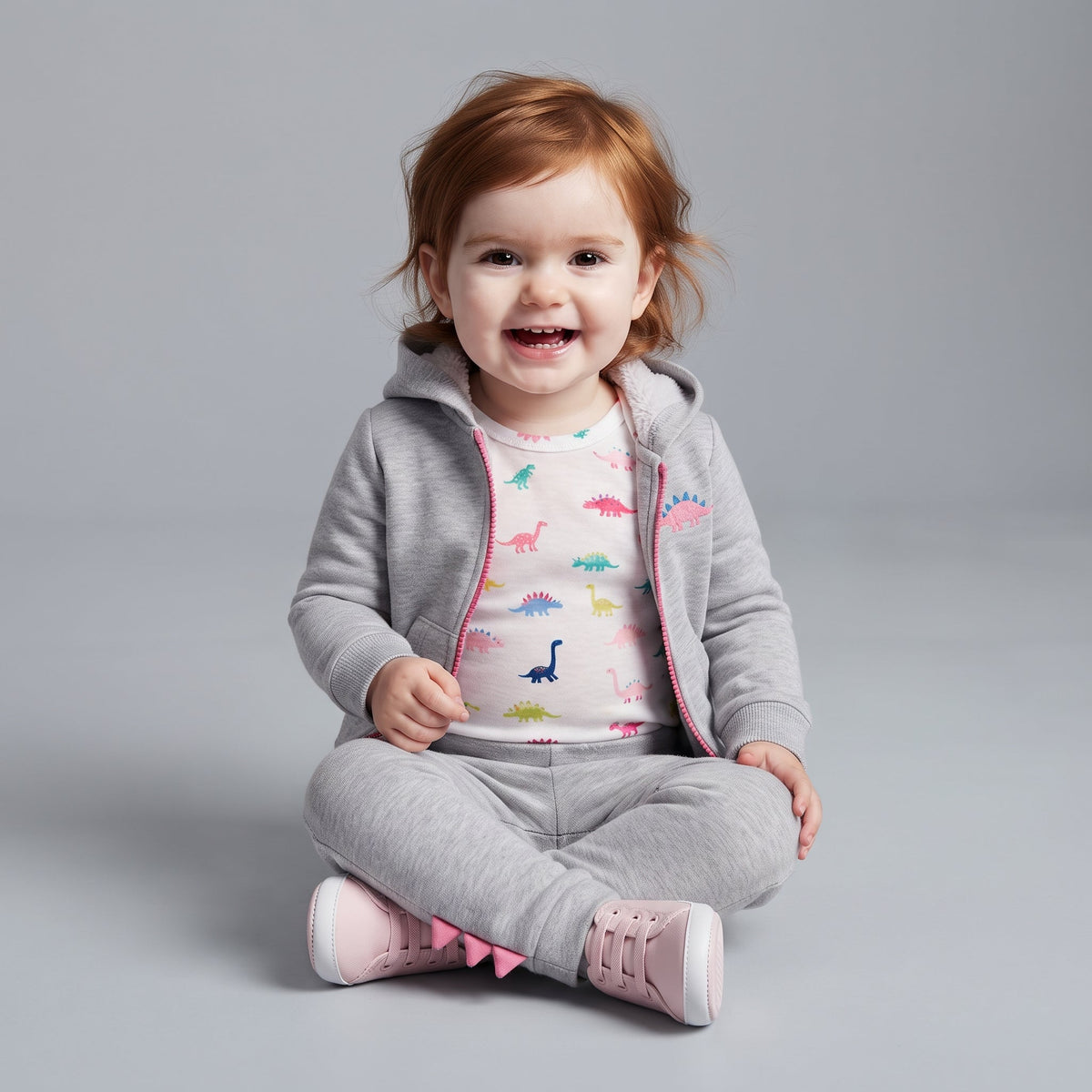 Bebé sonriente con conjunto EmpiBy de 3 piezas: chaqueta gris con capucha de dinosaurio, body blanco y pantalón gris.