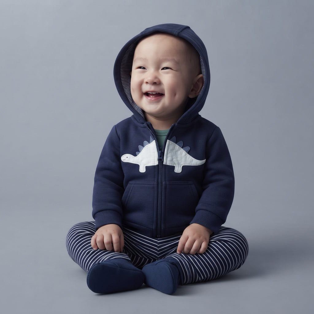 Bebé sonriente con conjunto EmpiBy de 3 piezas: chaqueta azul con dinosaurio, body verde y pantalón de rayas.