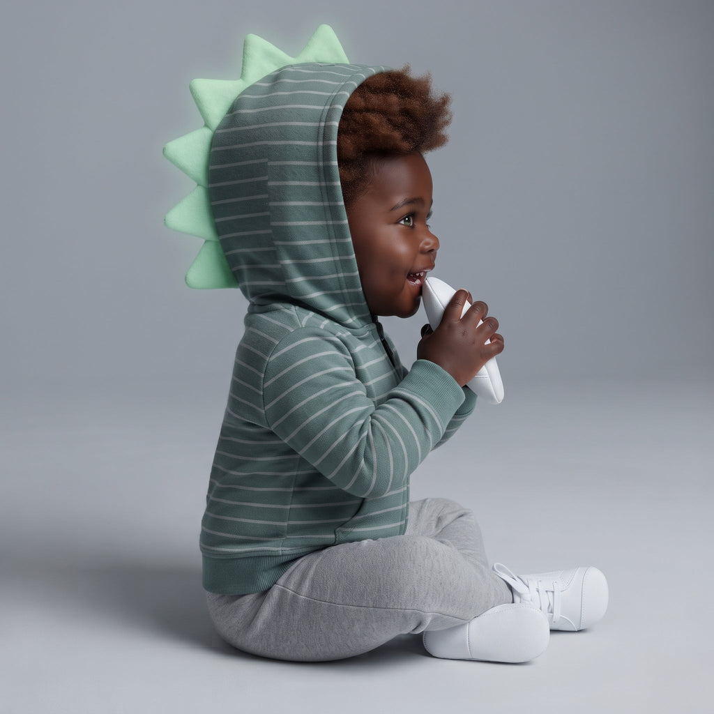 Bebé con conjunto EmpiBy de 3 piezas: chaqueta a rayas verde con capucha de dinosaurio, body blanco y pantalón gris.