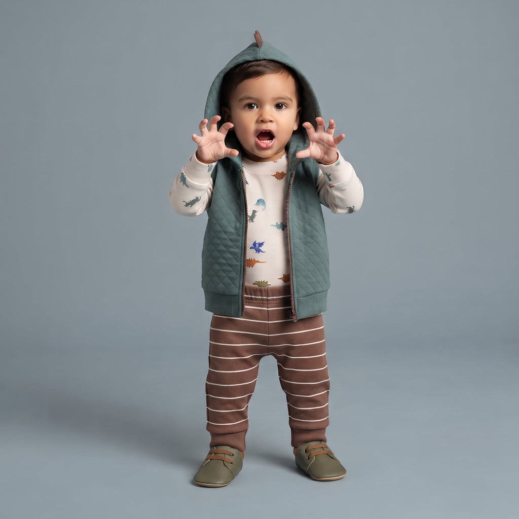 Bebé con conjunto EmpiBy de 3 piezas: chaleco verde con capucha de dinosaurio, body estampado y pantalón a rayas.