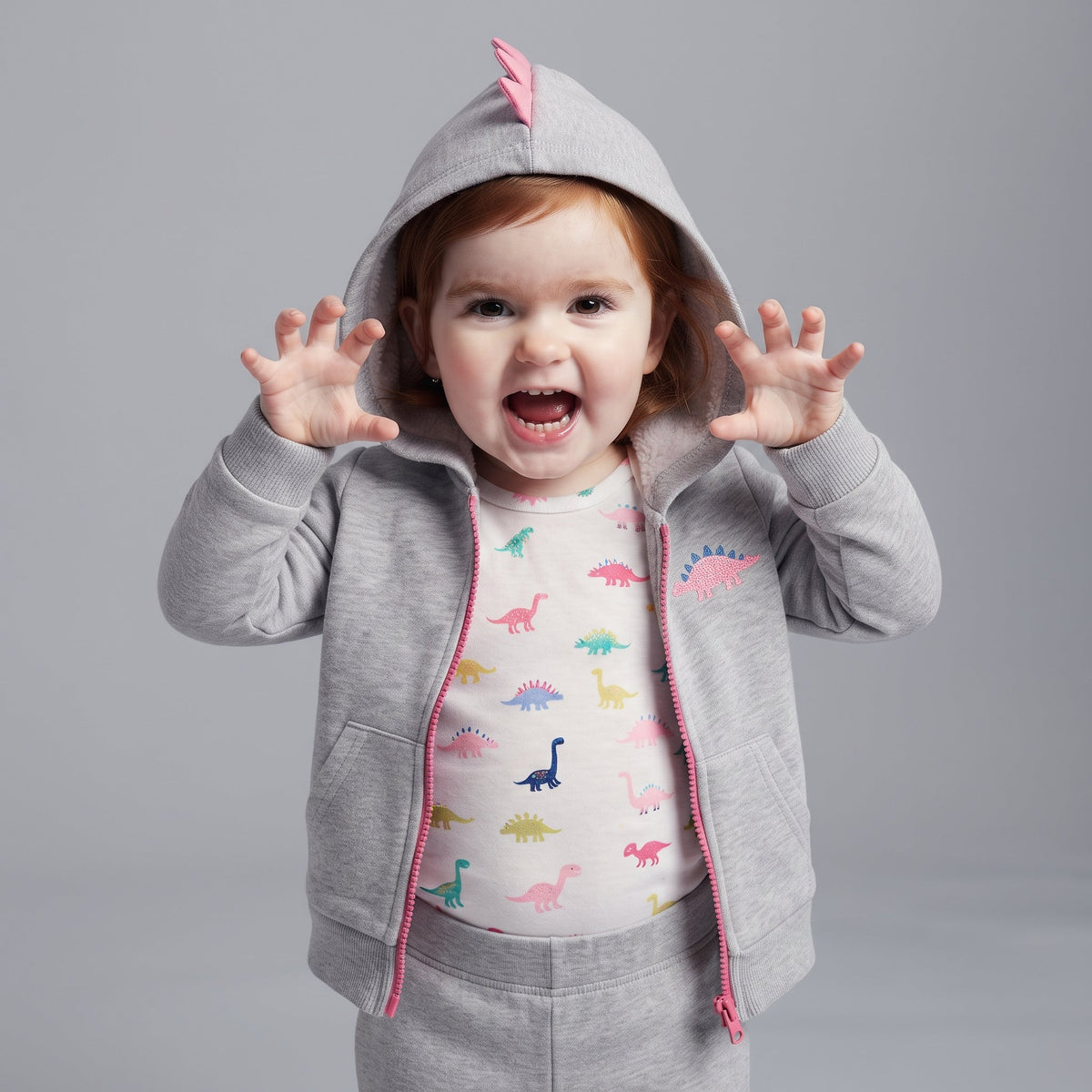 Niña pequeña con conjunto EmpiBy de 3 piezas: chaqueta gris con capucha de dinosaurio, body estampado y pantalón.