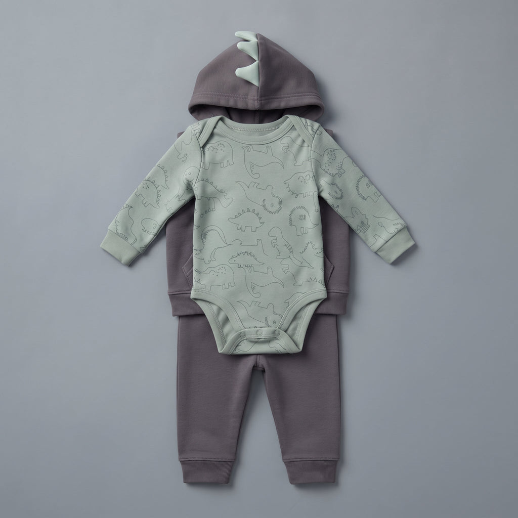 Conjunto EmpiBy de 3 piezas para bebé: chaleco gris con capucha de dinosaurio, body verde con dinosaurios y pantalón.