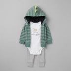 Conjunto EmpiBy de 3 piezas para bebé niño con chaqueta de rayas, body blanco con dinosaurio y pantalón gris