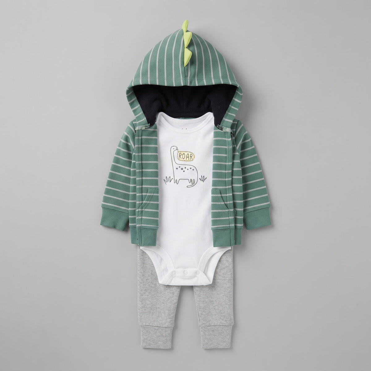 Conjunto EmpiBy de 3 piezas para bebé niño con chaqueta de rayas, body blanco con dinosaurio y pantalón gris