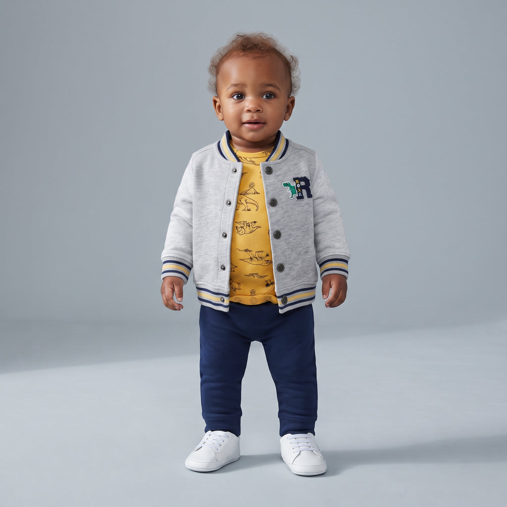Bebé con conjunto EmpiBy de 3 piezas: chaqueta bomber gris, body amarillo de dinosaurios y pantalón azul marino.
