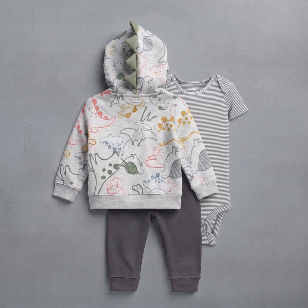 Conjunto de 3 piezas EmpiBy para bebé niño con sudadera de dinosaurios, body a rayas y pantalón gris cómodo.
