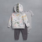 Conjunto de 3 piezas EmpiBy para bebé niño con sudadera de dinosaurios, body a rayas y pantalón gris cómodo.