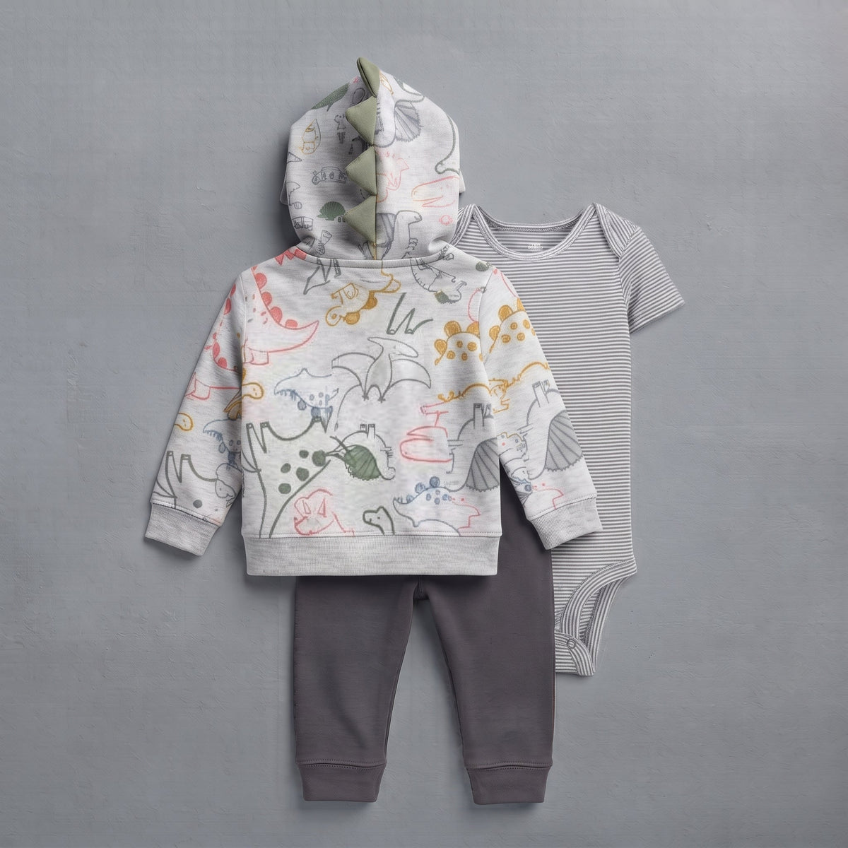 Conjunto de 3 piezas EmpiBy para bebé niño con sudadera de dinosaurios, body a rayas y pantalón gris cómodo.