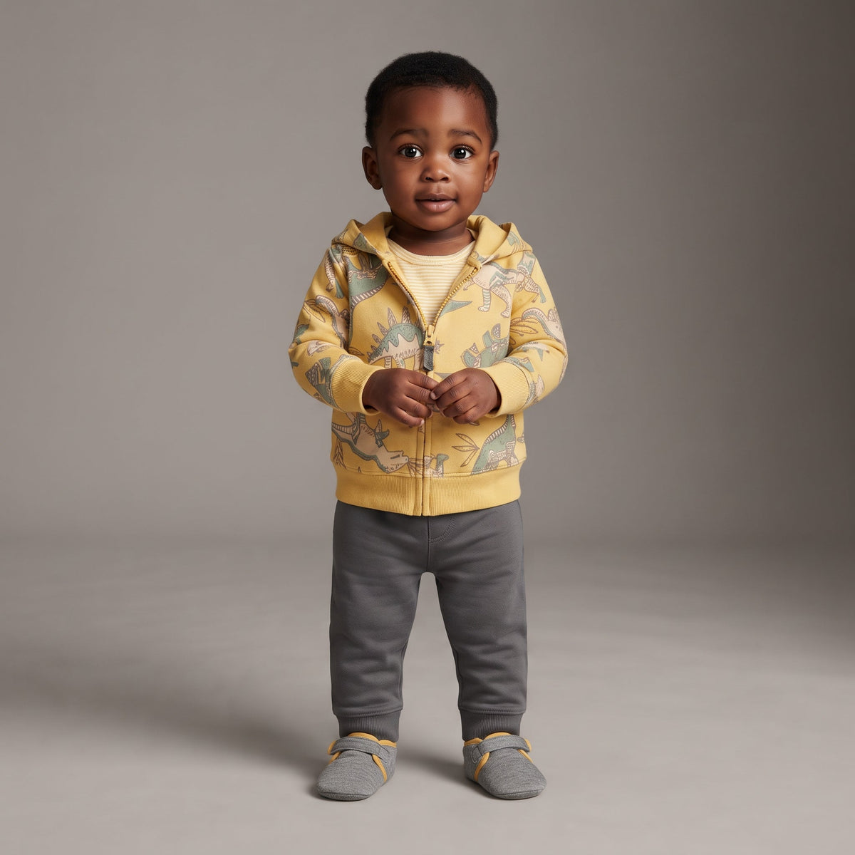 Bebé con conjunto EmpiBy de 3 piezas: chaqueta amarilla con dinosaurios, body a rayas y pantalón gris cómodo.