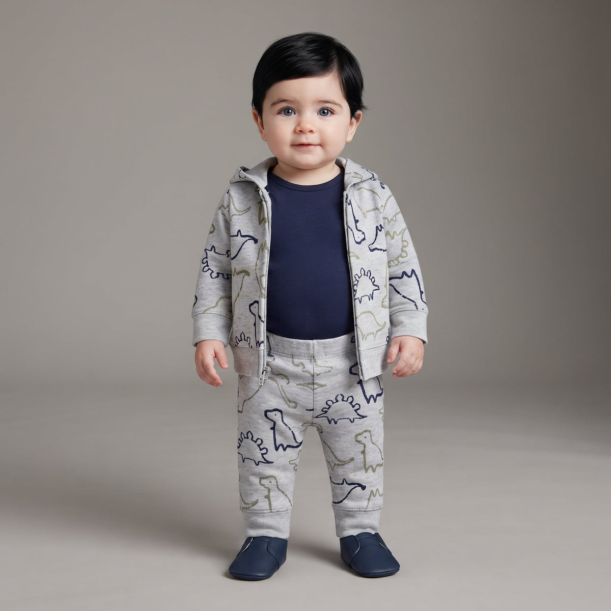 Bebé con conjunto de 3 piezas EmpiBy: chaqueta y pantalón gris con dinosaurios y body azul de manga larga