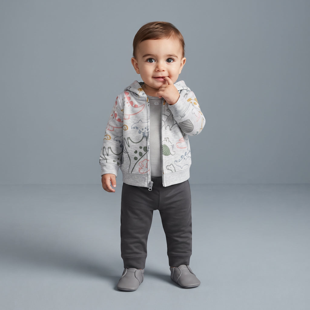 Bebé con conjunto de 3 piezas EmpiBy: sudadera gris con dinosaurios, body a rayas y pantalón oscuro cómodo.
