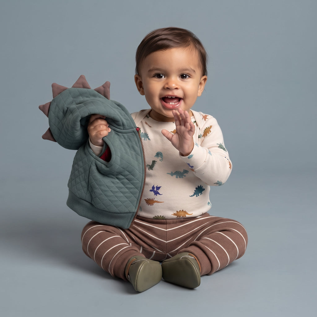 Bebé sonriente con conjunto EmpiBy de 3 piezas: body de dinosaurios, pantalón a rayas y chaleco con capucha de dragón.