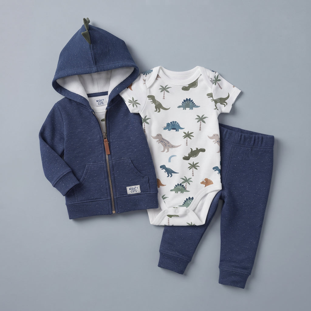 Conjunto de 3 piezas EmpiBy para bebé niño con chaqueta azul de dinosaurio, body estampado y pantalón a juego.
