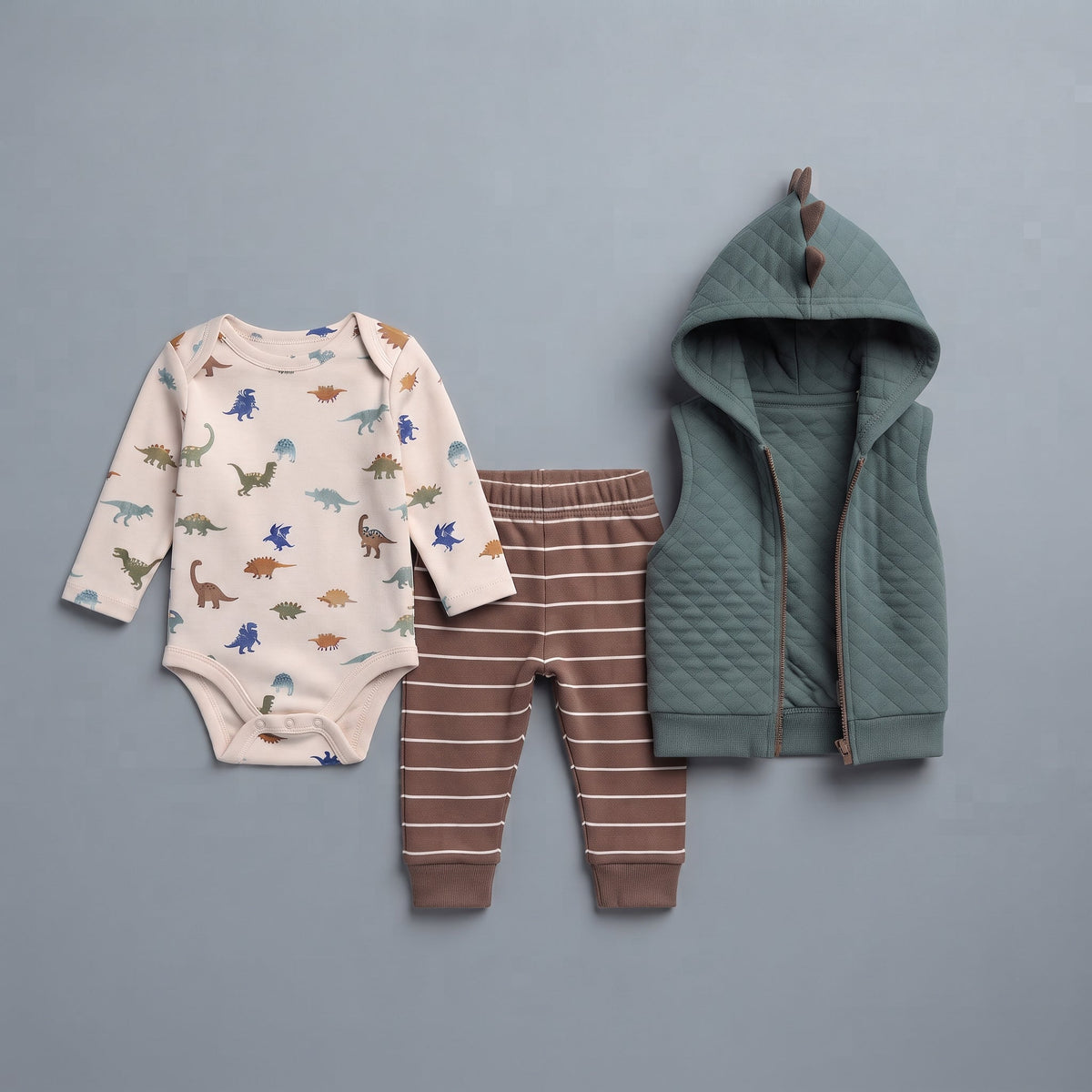 Conjunto EmpiBy de 3 piezas para bebé: body de dinosaurios, pantalón a rayas y chaleco acolchado con capucha.