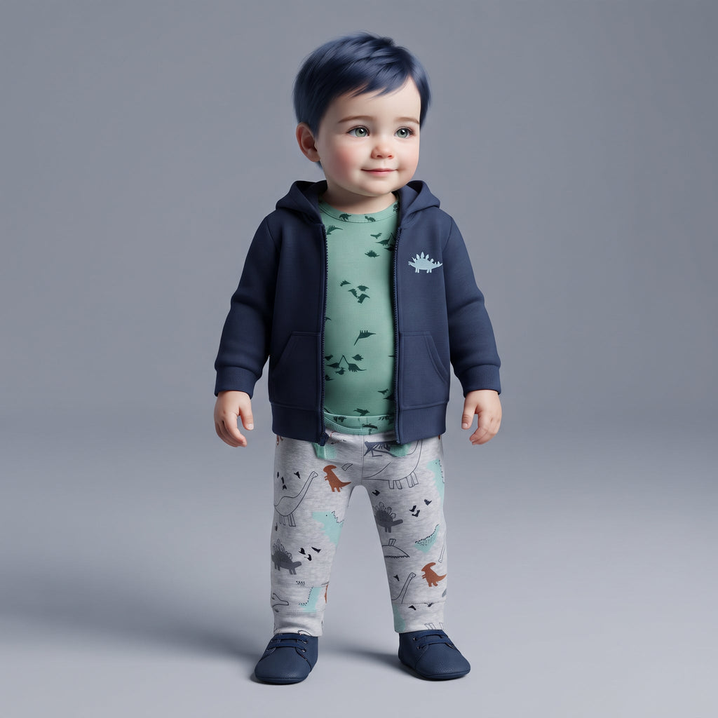 Bebé con conjunto de 3 piezas EmpiBy: chaqueta azul, body verde oliva con dinosaurios y pantalón gris estampado.