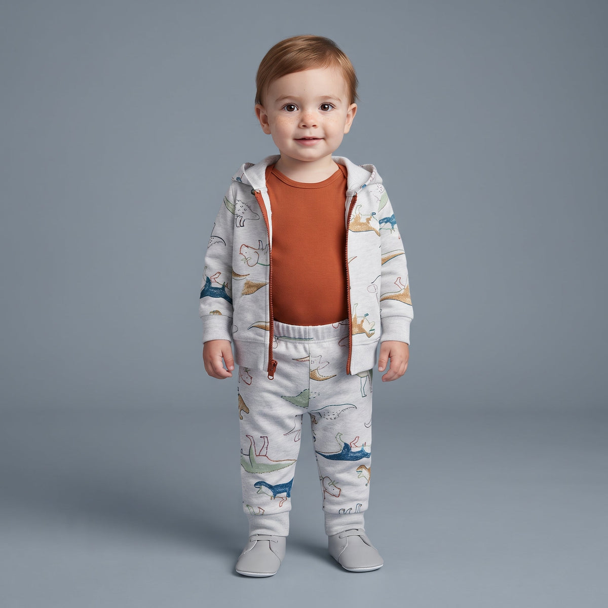 Conjunto EmpiBy de 3 piezas para bebé con estampado de dinosaurios, chaqueta gris con capucha, body terracota y pantalón