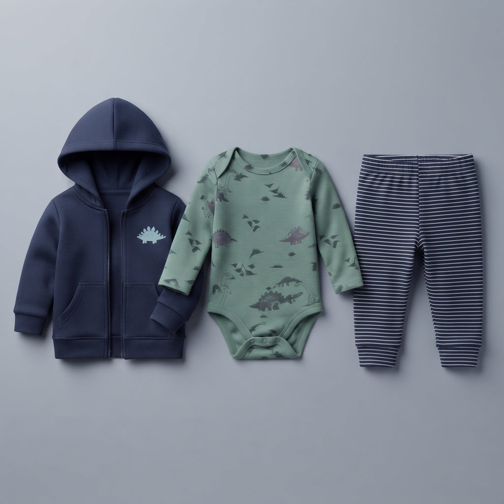 Conjunto EmpiBy de 3 piezas para bebé: chaqueta azul con capucha, body verde con dinosaurios y pantalón a rayas.