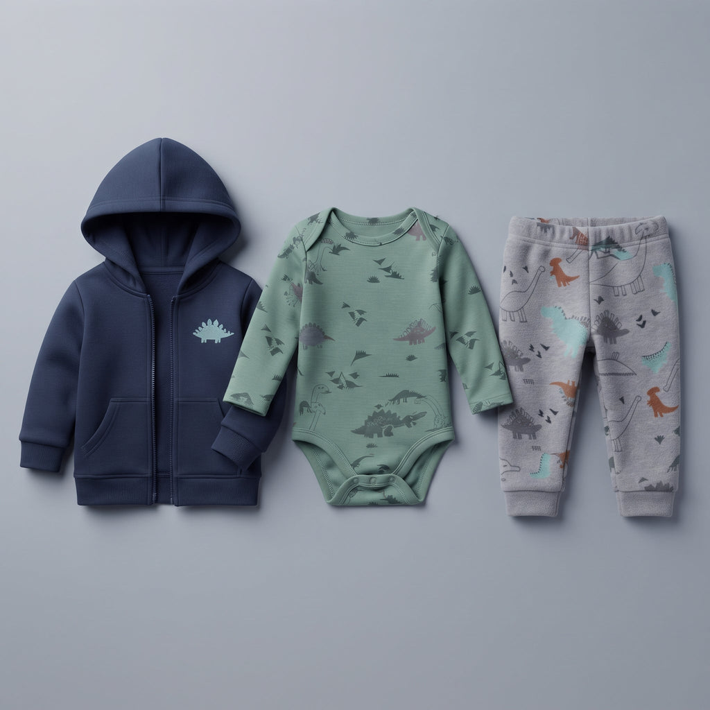 Conjunto EmpiBy de 3 piezas para bebé: chaqueta azul con capucha, body verde oliva y pantalón gris con dinosaurios.