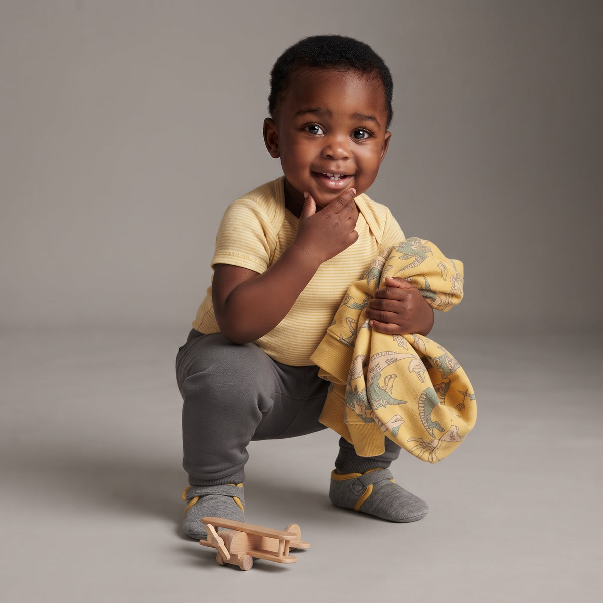 Bebé sonriente con conjunto EmpiBy de 3 piezas: body amarillo, pantalón gris y chaqueta con estampado de dinosaurios.