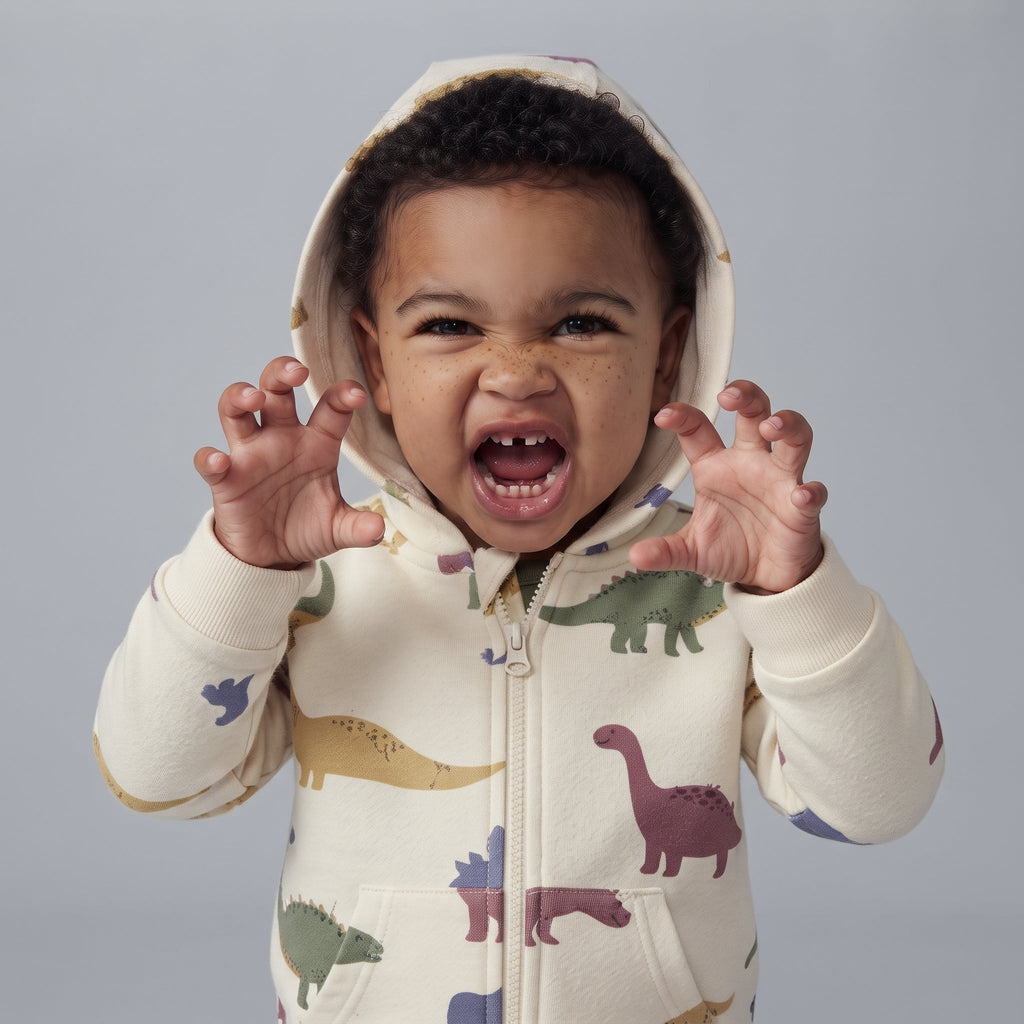 Bebé niño con conjunto EmpiBy de tres piezas con estampado de dinosaurios, chaqueta con capucha y crestas divertidas.