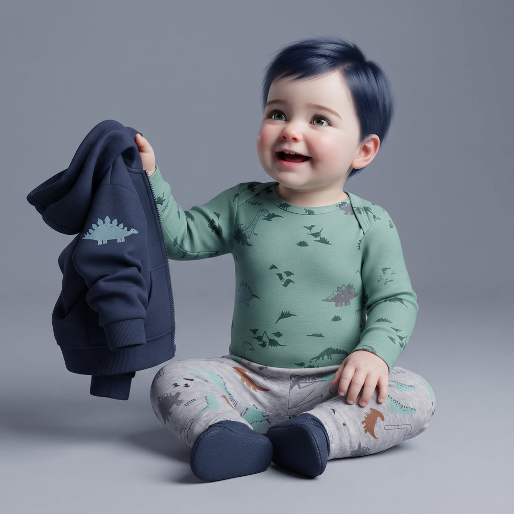 Bebé sonriente de EmpiBy con conjunto de 3 piezas: chaqueta azul, body verde oliva y pantalón gris con dinosaurios.