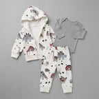Conjunto EmpiBy de 3 piezas para bebé con chaqueta de dinosaurios, body gris y pantalón estampado a juego.