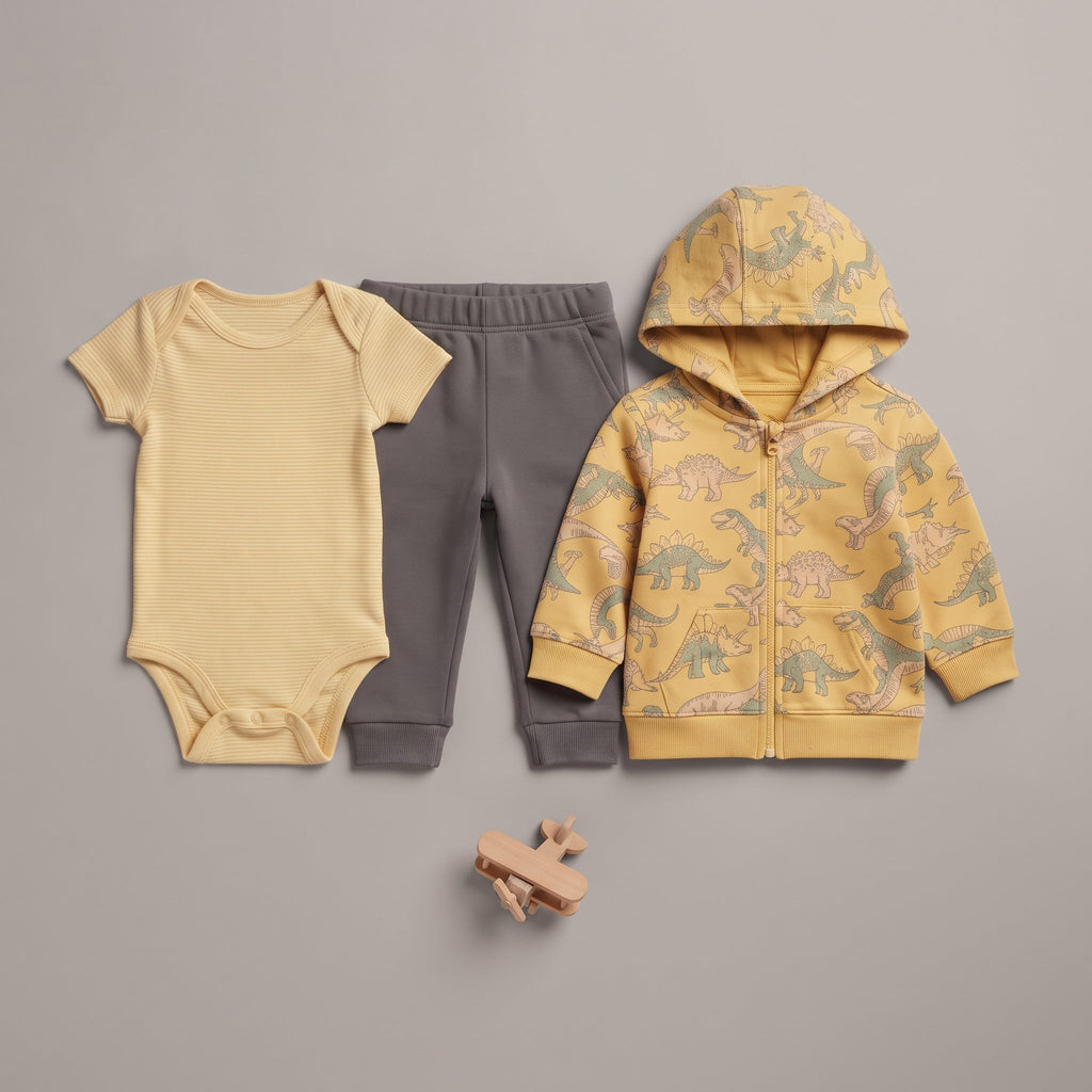 Conjunto de 3 piezas EmpiBy para bebé niño con body amarillo, chaqueta con capucha de dinosaurios y pantalón gris