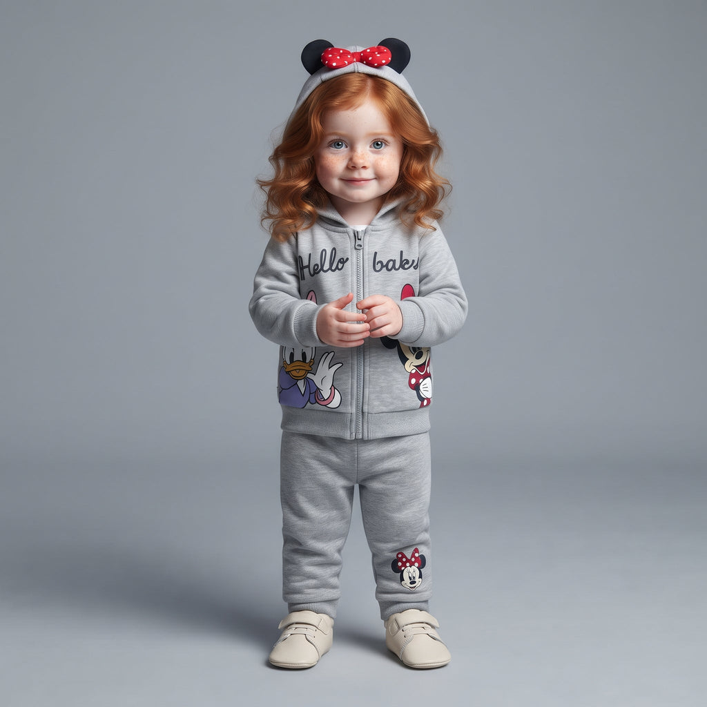 Niña pequeña con conjunto EmpiBy gris melange de Disney con sudadera de Minnie y Daisy y pantalón jogger a juego.