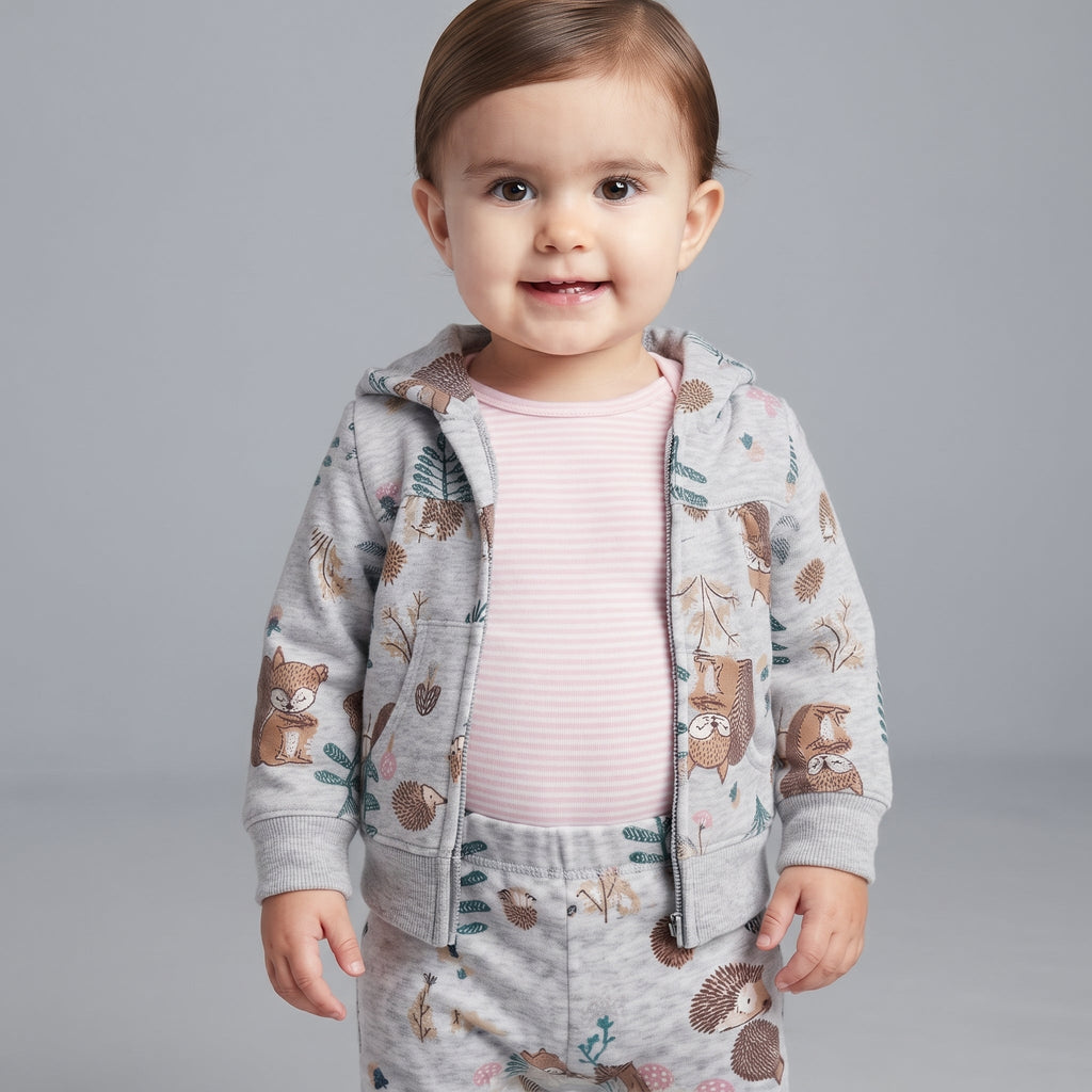 Bebé sonriente con conjunto EmpiBy de tres piezas: chaqueta y pantalón gris con estampado de animales y body rosa.