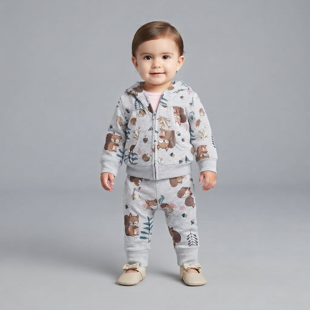 Bebé con conjunto EmpiBy de 3 piezas gris con estampado de animales del bosque, chaqueta con capucha y pantalón