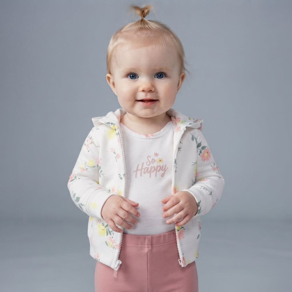 Bebé niña vistiendo conjunto EmpiBy de 3 piezas: chaqueta floral con capucha, body blanco So Happy y legging rosa.