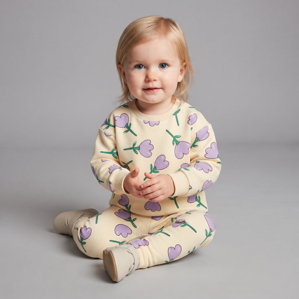 Bebé con conjunto EmpiBy de dos piezas color crema con estampado de tulipanes lilas y hojas verdes