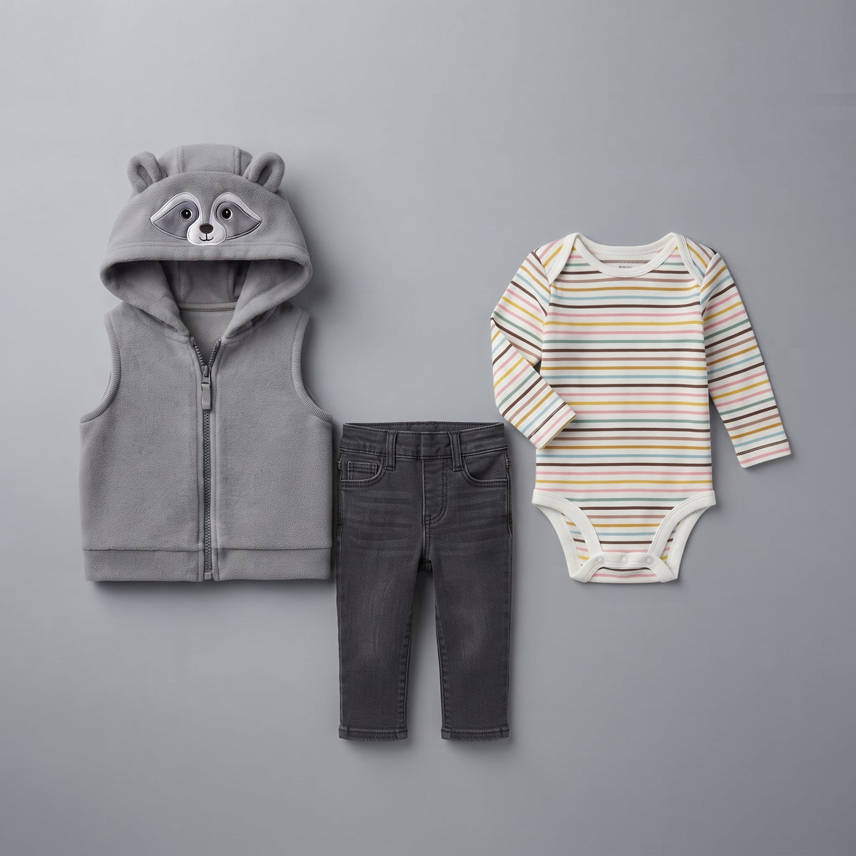 Conjunto EmpiBy de 3 piezas para bebé: chaleco gris con capucha de mapache, body a rayas y pantalón jean gris oscuro.